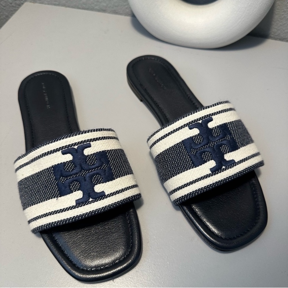 Tory Burch Navy and Cream Striped Slides